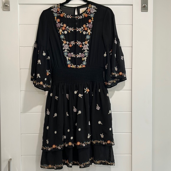 Maeve Floral Sheer Tiered Dress, Black w/Embroidered Flowers, Size 2 - Picture 2 of 15